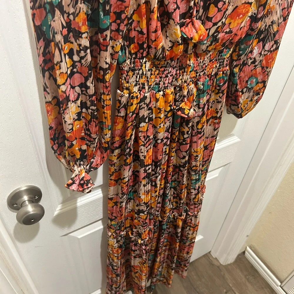 Umgee Women’s Floral Long Sleeve Tie-Neck Dress - Picture 6 of 12